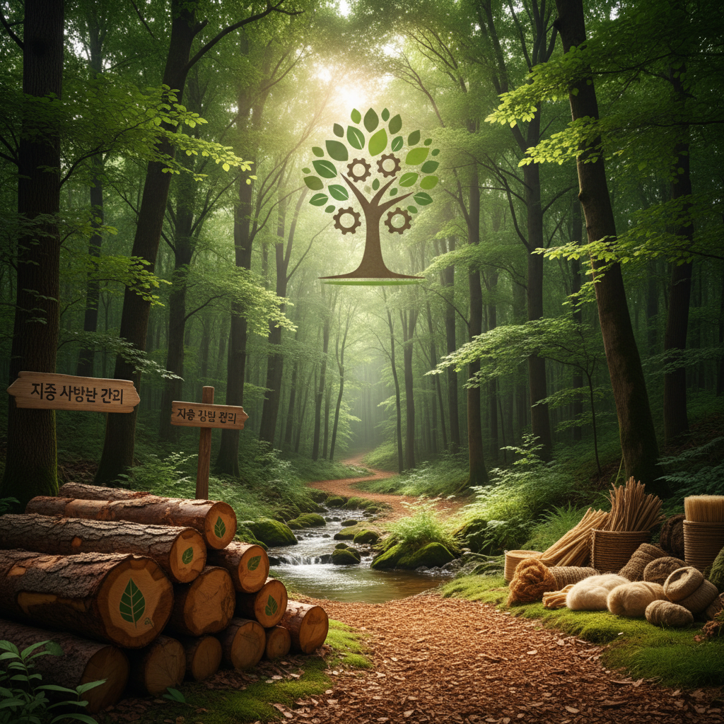 지속 가능한 관리가 이루어지는 울창한 숲에서 나무 사이로 따스한 햇살이 내리쬐는 풍경, 친환경 원료 수급과 자연 친화적인 기업 이미지를 강조한 고해상도 이미지.