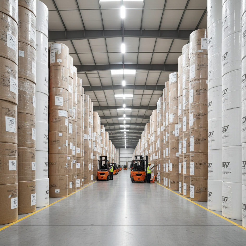 넓고 깨끗한 물류 창고에 질서 정연하게 수직으로 쌓여 있는 거대한 고급 종이 롤들, 제지 산업의 웅장한 생산 규모를 보여주는 광각 촬영 사진.